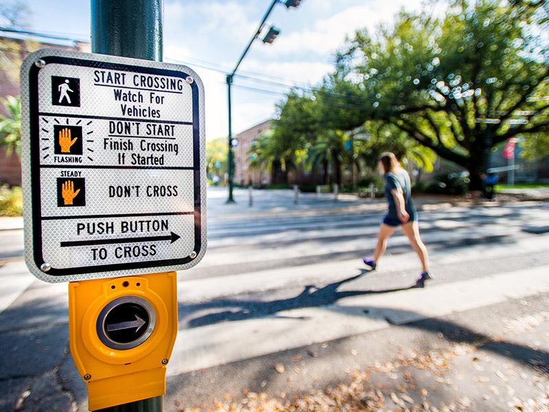 The sign at a pedestrian crosswalk.